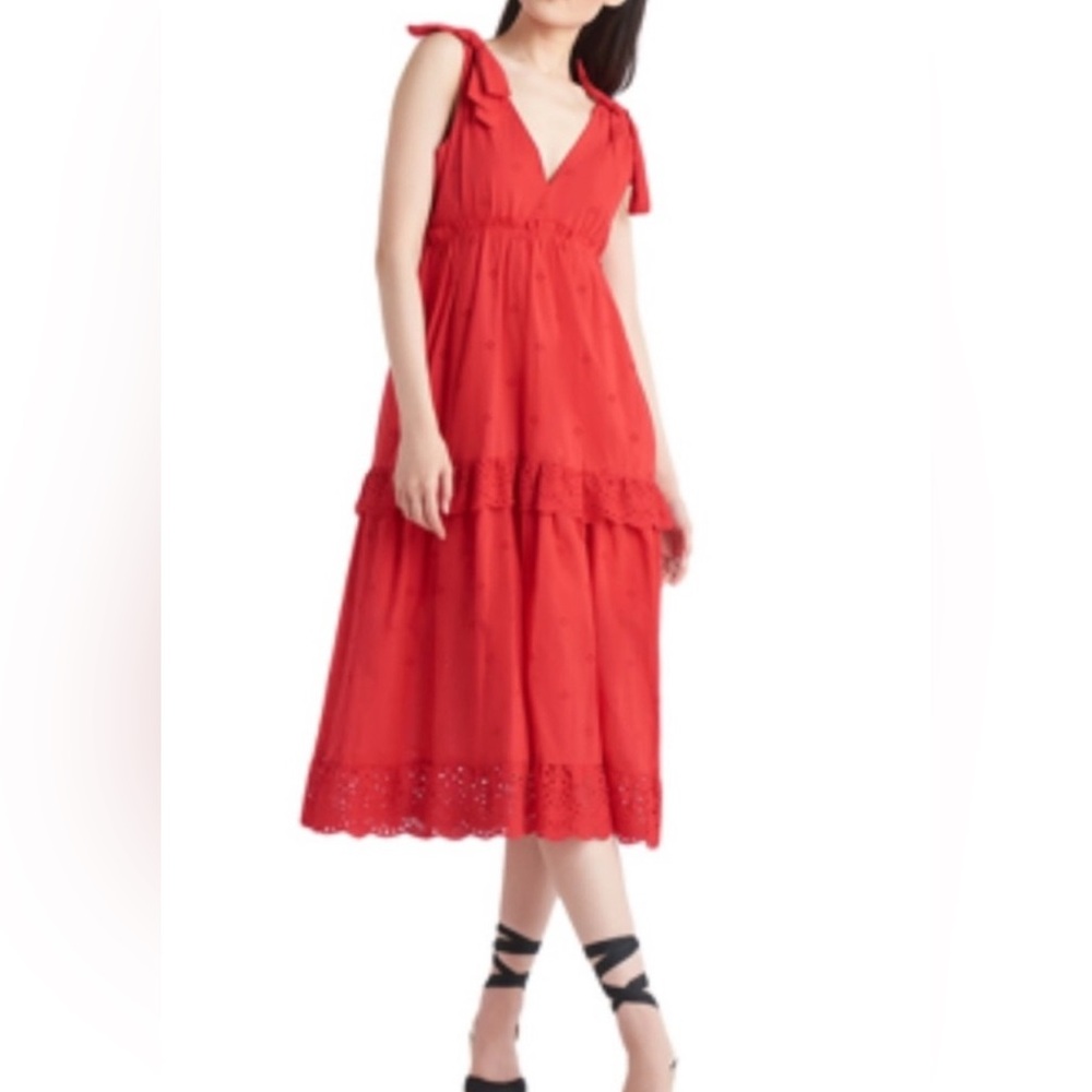 Black Tape Tiered Ruffle Eyelet Midi Dress Fiery Red Petite XL NWT